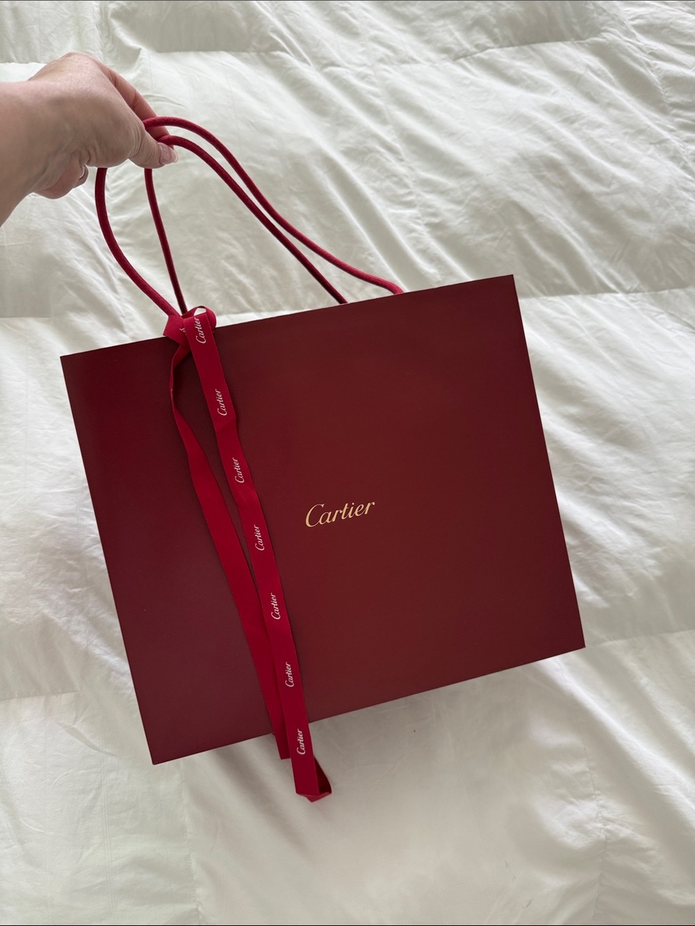 Cartier Deep Red Ribbon Tote with Gold Logo